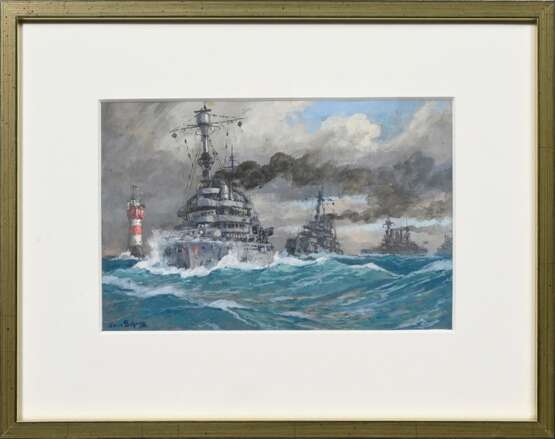 Bohrdt, Hans (1857-1945) “Linienschiffe 'Schlesien', 'Schleswig-Holstein' und 'Hessen' auf hoher See”, Gouache, u.l. sign., 12x18,3cm (m.R. 22,5x28,5cm) - photo 2
