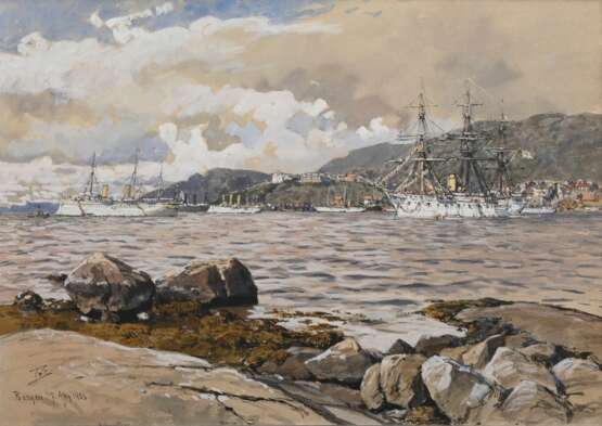 Eckenbrecher, Themistokles v. (1842-1921) „Hafen von Bergen mit deutschen Schiffen“ 1903, Tinte und Aquarell, u.l. monogr./dat./bez., am u. Rand Schiffsbezeichnungen, 32,5x45cm (m.R. 40x53cm) - photo 1