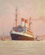 Collections. Schmidt-Hamburg, Robert (1885-1963) „Passagierliner ‚Monte Olivia‘ im Hamburger Hafen“, Tempera, u.r. monogr., 16,2x12,5cm (m.R. 26x21,3cm)