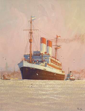 Schmidt-Hamburg, Robert (1885-1963) „Passagierliner ‚Monte Olivia‘ im Hamburger Hafen“, Tempera, u.r. monogr., 16,2x12,5cm (m.R. 26x21,3cm) - photo 1