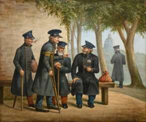 Lalaisse, François Hippolyte (1810-1884) „Veteranen beim Invalidendom in Paris“ 1884, Öl/Leinwand, u.r. sign./dat., 56x65,5cm (m.R. 64x73,8cm), Keilrahmen leicht abgedrückt, min. Defekte der Maloberfläche