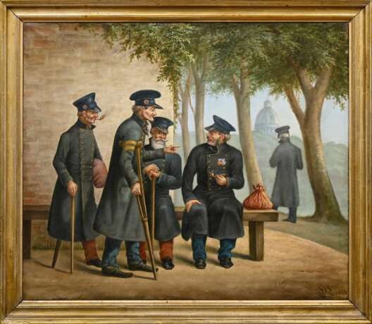 Lalaisse, François Hippolyte (1810-1884) „Veteranen beim Invalidendom in Paris“ 1884, Öl/Leinwand, u.r. sign./dat., 56x65,5cm (m.R. 64x73,8cm), Keilrahmen leicht abgedrückt, min. Defekte der Maloberfläche - photo 2