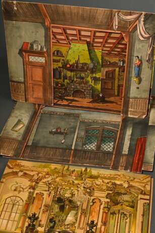 Papiertheater "Urania", wohl Verlag Joseph Scholz, Mainz um 1900, Holzkasten mit Kulissenbohrungen und Papiervordrucken beklebt, 64 Personen, 48 Teile Kulissen und Hintergründe sowie 32 Teile kleinere Staffage,… - photo 7