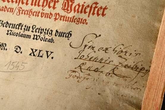 Band "Sachsenspiegel - Auffs new fleissig corrigirt, an Texten, Glossen, Allegaten..." 1545, 270 Seiten und 112 unnummerierte Seiten, Druck: Nicolaus Wolrab, Leipzig, geprägter Ledereinband, 31x22x6,8cm, Alters… - photo 4