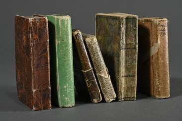 6 Diverse Almanache und Kalender mit Goldschnitt, z.T. mit (colorierten) Kupferstichen und handschriftlichen Anmerkungen, 1789 / 1802 / 1816 / 1790 / 1795 / 1796, 1,5x8,6x5,5-2,5x10x7cm, Alters- und Gebrauchsspuren
