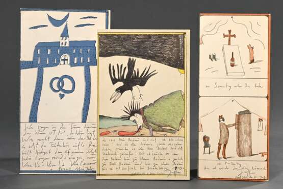3 Janssen, Horst (1929-1995) "Stachus Münster und Has Bodoni (Hase und Igel)" 1968, Farboffset, "Prosit Neujahr 1968: Ballade vom Herrn Latour", Farblithographie und "Prosit Neujahr 1967" Fa… - фото 1