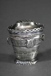 Holländisches Döschen in konischer Korbform mit Gitterrand und Ringhenkeln, Anfang 19.Jh., Silber, 16g, H. 4,9cm