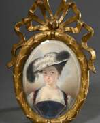 Объекты Vertu. Feine Miniatur &quot;Junge Frau mit Federhut&quot; nach Philibert-Louis Debucourt (1755-1832) Interpretation von Peter Paul Rubens &quot;Susanna Lunden&quot;, Aquarell in geschnitztem und vergoldetem Rahmen mit Schleifen…