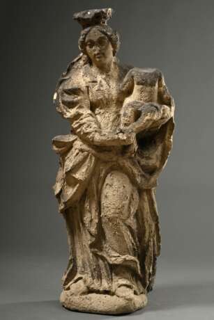 Große barocke Sandstein „Muttergottes“ in bewegter Haltung mit schön gelegtem Faltenwurf, Süddeutsch 18.Jh., H. 106cm, Christuskind verloren, Witterungsspuren - photo 1