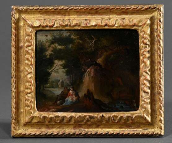 Gysels, Pieter (1621-1691) "Rast auf der Flucht nach Ägypten", Öl/Kupfer, alter vergoldeter Rahmen mit Blatt- und Rillenfries, 10x13cm (m.R. 15,2x18cm), min. rest. - photo 1