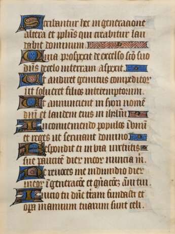 Stundenbuchseite, Tinte/Gouache/Pergament, Gold gehöht, prononcierte Initialen, beidseitig beschrieben, Leerstellen mit Vignetten gefüllt, Frankreich 15.Jh., 14,5x10,5cm (m.R. 26,5x21,3cm), min. Altersspuren - photo 3