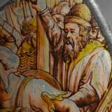 Runde Bleiverglasung mit feiner Grisaillemalerei "Christi Gefangennahme im Garten Gethsemane" nach Lucas van Leyden (1494-1533), Kupferstich von 1509, wohl Niederlande, Ø 25cm, mittig restauriert, Vgl.: Metropo… - photo 3