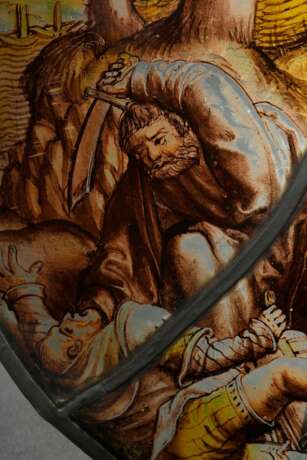 Runde Bleiverglasung mit feiner Grisaillemalerei "Christi Gefangennahme im Garten Gethsemane" nach Lucas van Leyden (1494-1533), Kupferstich von 1509, wohl Niederlande, Ø 25cm, mittig restauriert, Vgl.: Metropo… - photo 4