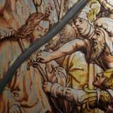 Runde Bleiverglasung mit feiner Grisaillemalerei "Christi Gefangennahme im Garten Gethsemane" nach Lucas van Leyden (1494-1533), Kupferstich von 1509, wohl Niederlande, Ø 25cm, mittig restauriert, Vgl.: Metropo… - photo 5