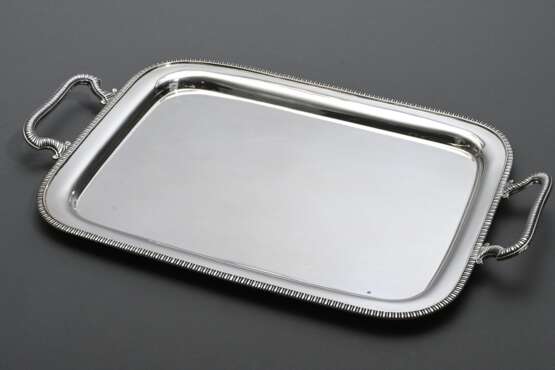 5 Teile Silber Kaffee-Tee-Service in englischem Stil mit Holzknauf und -handhaben, Hersteller: Topazio, Silber 925, 4485g: Tablett mit Griffen (35x55cm), Kaffeekanne (H. 22cm), Teekanne (H. 14cm) und zwei Teile Zucker un… - photo 2