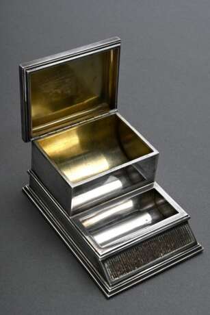 Streichholzspender mit Reibefläche, Reservoir und Ascher, MZ: Gustave Keller, Paris, Silber 925, innen vergoldet, 334g, 16x11x8cm, Leder Bodenplatte lose - photo 1
