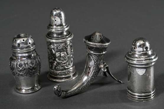 4 Diverse Salzstreuer in verschiedenen Formen und Dekoren, Silber 800/925, 92g, H. 5,5-8,4cm - photo 2
