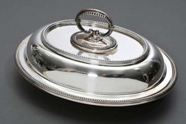 Kleiner ovaler versilberter Gemüsedish mit Bajonettgriff und Perlrand, MZ: TB&amp;S, England um 1900, 18,5x25,5cm