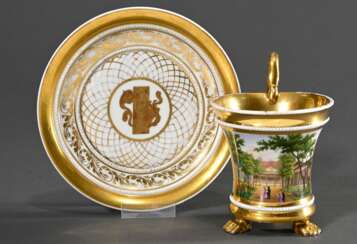 Biedermeier Ansichtstasse/UT auf Tatzenfüßen &quot;Landhaus und Garten mit Personenstaffage&quot;, 1. Hälfte 19.Jh., H. 13,5cm, UT best.