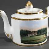 3 Diverse Teile Biedermeier Ansichtsporzellan: Kanne „Schloss“ (H.11cm, Haarriss), Erinnerungstasse/UT "1842, Schwarzhausen“ (H. 6cm) und KPM Tasse/UT "Petersburger Haus" (H. 8,7cm, Mariage) berieben, UT … - photo 12