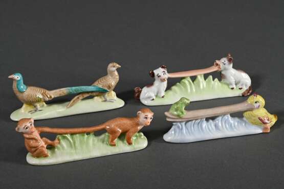 4 Diverse figürliche Messerbänkchen "Tiere", Porzellan farbig bemalt, Aufglasur blaue Manufakturmarke, 30er Jahre, L. 11cm - photo 2