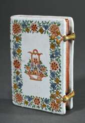 Seltenes Fayence Objekt in Buchform mit floraler Bemalung in Petit Feu Palette, verso bez. &quot;Brevarium“, Delft, Mitte 18.Jh., 1,9x6,8x9,4cm