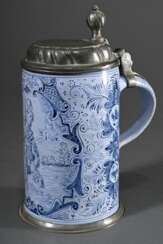 Nürnberger Hausmaler Humpen mit Blaumalerei auf kleisterblauem Fond &quot;Heiliger Christophorus&quot; in Rollwerk Kartusche und Blattornamenten, oben bezeichnet &quot;Johann Barth&quot;, Boden sign. NK., auf Zinndeckel …
