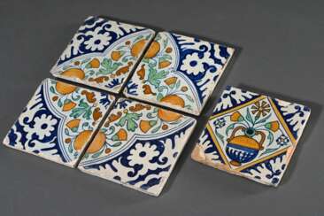5 Diverse Fliesen mit polychromer Malerei &quot;Orangen und Calendula in Vierpass&quot; von Rankemuster umgeben, 1x &quot;Blumenvase&quot;, Holland um 1620, 13x13cm, min. best., 1x rest. Vgl.: Berendsen, Fliesen - eine G…
