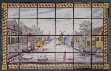 Makkum Fliesenbild aus 24 polychrom bemalten Fliesen &quot;Holländische Stadt am Kanal&quot;, um 1800, 12,5x12,5cm, min. best., 6 Fliesen rest.