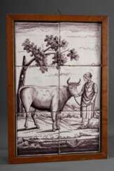 Delfter Fliesenbild &quot;Frau mit Rind&quot; in Manganmalerei, bestehend aus 6 Fliesen, Ende 18.Jh., Eichen Rahmen ergänzt, 42x29,5cm, best.
