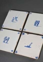 4 Diverse Fliesen mit Unterglasurblauer Malerei &quot;Kinderspiele&quot; und &quot;Segelschiff&quot; sowie Spinnenecken, Holland um 1800, 13x13cm, min. best., Vgl.: Pluis, De Nederlandse Tegel, S. 383
