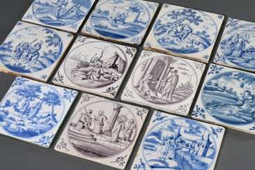 11 Diverse Fliesen mit Unterglasurblauer und Mangan Malerei &quot;Biblische Szenen&quot;, &quot;Genreszene&quot;, &quot;Schäferszene&quot;, Spinnen-, Ochsenkopfecken mit kurzen seitlichen Strichen, Holland ab 1700, 13x13…