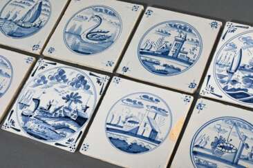 8 Diverse Fliesen mit Unterglasurblauer Malerei &quot;Landschaft&quot; und Spinnen- sowie Ochsenkopfecken mit sieben Strichen, Holland Anfang 19.Jh., 13x13cm, min. best., 1x best., Vgl.: Pluis, De Nederlandse Tegel, S. 3…