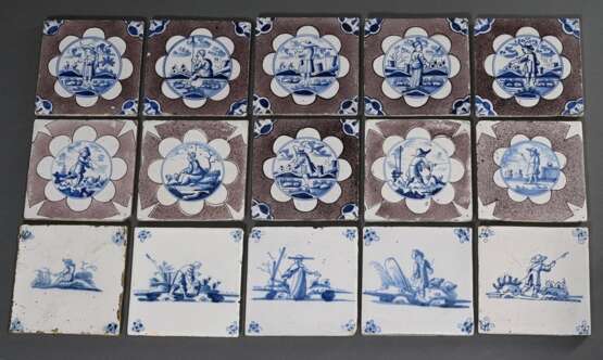15 Diverse Fliesen mit Unterglasurblauer und Mangan Malerei "Schäfer" mit Spinnen, Blütenrosette und Sternen in den Ecken, Holland ab 1720, 13x13cm, min best. - photo 6