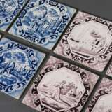 8 Diverse seltene Fliesen mit Unterglasurblauer und Mangan Malerei "Uferlandschaft", "Reiter", "Wasserträgerin" sowie Regence Ornamenten um achteckige Bildkartusche, Holland 18.Jh., 13x13cm,… - photo 1