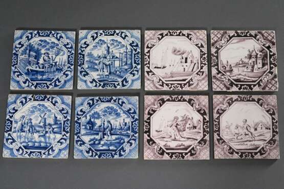 8 Diverse seltene Fliesen mit Unterglasurblauer und Mangan Malerei "Uferlandschaft", "Reiter", "Wasserträgerin" sowie Regence Ornamenten um achteckige Bildkartusche, Holland 18.Jh., 13x13cm,… - photo 2