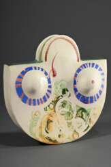 Portanier, Gilbert (1926-2023) Keramik Vase, heller Scherben mit farbiger Aufglasurmalerei &quot;Abstrakte Figuren&quot;, schauseitig mit Relief zweier Brüste, sign./dat. 89, 32,5x31,5cm