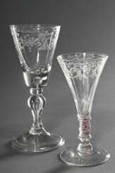 2 Diverse kleine Barockgläser mit ornamentalem Schliff: mit rotem Faden im Stiel und mit länglicher Blase, Abriss, H. 12/15,2cm