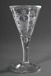 Zartes Barock Kelchglas mit feiner Schliffkartusche und Spruch „Nichts bring ich mit, Nichts nehm ich mit“, Blase im Stiel, umgeschlagener Fußrand, Abriss, H. 17,2cm