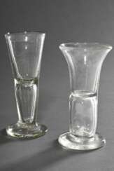 2 Diverse Schnapsstamper mit Luftblase im Schaft, Abriss im Boden, H. 11,6/12,5cm, Altersspuren
