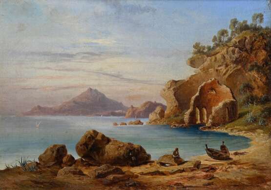 Unbekannter Künstler um 1840 "Blick vom Golf von Baiae auf Ischia", Öl/Leinwand doubliert, 22,8x32cm (m.R. 28,5x37,7cm), min. Craquelé - Foto 1