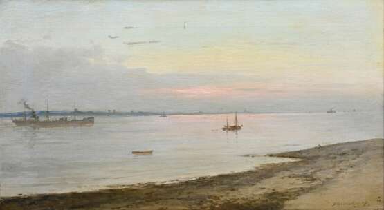 Schnars-Alquist, Hugo (1855-1939) "Abendstimmung Elbe" 1899, Öl/Leinwand, u.r. sign./dat., verso Klebeetikett mit Name und Titel, 30,5x54,5cm (m.R. 49x72,5cm) - photo 1