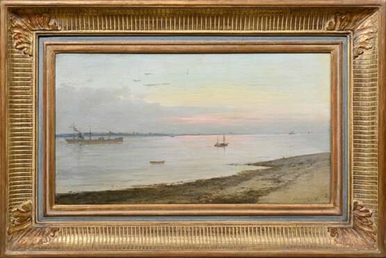 Schnars-Alquist, Hugo (1855-1939) "Abendstimmung Elbe" 1899, Öl/Leinwand, u.r. sign./dat., verso Klebeetikett mit Name und Titel, 30,5x54,5cm (m.R. 49x72,5cm) - photo 2