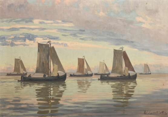 Eisenblätter, Wilhelm (1866-1934) "Kuhrenkähne auf dem Haff", Öl/Leinwand, u.r. sign., verso Klebeetikett "Kunstsalon Riesemann & Lintaler/ Königsberg", 71,5x100,5cm (m.R. 85x114cm), min. Defekte … - Foto 1