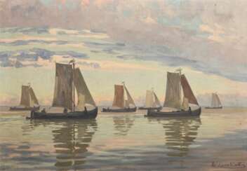 Eisenblätter, Wilhelm (1866-1934) &quot;Kuhrenkähne auf dem Haff&quot;, Öl/Leinwand, u.r. sign., verso Klebeetikett &quot;Kunstsalon Riesemann &amp; Lintaler/ Königsberg&quot;, 71,5x100,5cm (m.R. 85x114cm), min. Defekte …
