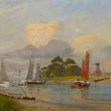 Wolters, Geo (1866-1943) "Finkenwerder - Auslaufende Fischerboote", Öl/Hartfaser, u.r. sign., 35,4x50,7cm (m.R. 39,6x55,2cm), min. Defekte der Maloberfläche - photo 1