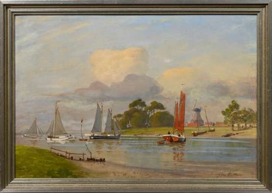 Wolters, Geo (1866-1943) "Finkenwerder - Auslaufende Fischerboote", Öl/Hartfaser, u.r. sign., 35,4x50,7cm (m.R. 39,6x55,2cm), min. Defekte der Maloberfläche - photo 2