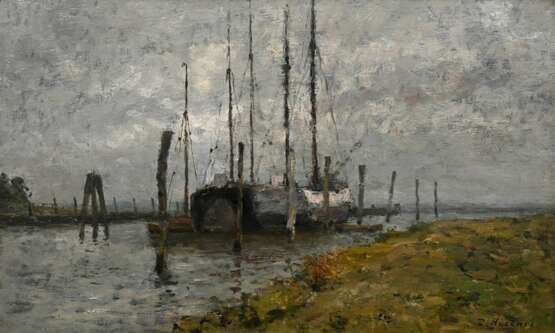 Höckner, Rudolf (1864-1942) "Schulauer Hafen", Öl/Malpappe, u.r. sign., 28x44,5cm (m.R. 44,5x61,5cm) - photo 1