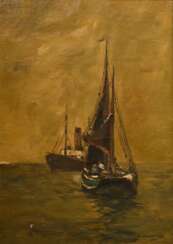 Hambüchen, Wilhelm (1869-1939) „Dampfschiff und Segler“, Öl/Leinwand (Rupfen), u.r. sign., 70,5x51cm (m.R. 82,5x62,3cm), kleine Defekte der Maloberfläche