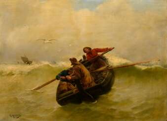 Haquette, Georges Jean Marie (1854-1906) „Fischerboot ‚Louis Dieppe‘ in schwerer See“, Öl/Leinwand, u.l. sign., Prunkrahmen (kleine Defekte), 60x81,5cm (m.R. 82x103cm), min. verschmutzt